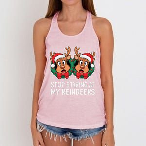 Funny Stop Staring At My Reindeers Boobs Ugly Gag Xmas Women's Knotted Racerback Tank