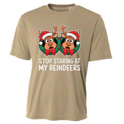 Funny Stop Staring At My Reindeers Boobs Ugly Gag Xmas Cooling Performance Crew T-Shirt