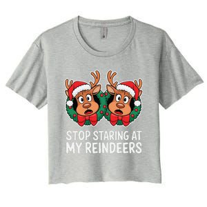 Funny Stop Staring At My Reindeers Boobs Ugly Gag Xmas Women's Crop Top Tee