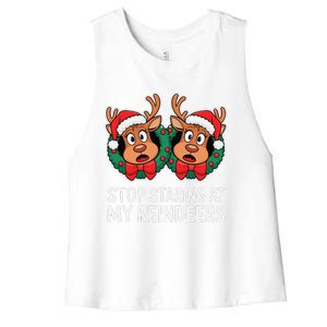 Funny Stop Staring At My Reindeers Boobs Ugly Gag Xmas Women's Racerback Cropped Tank