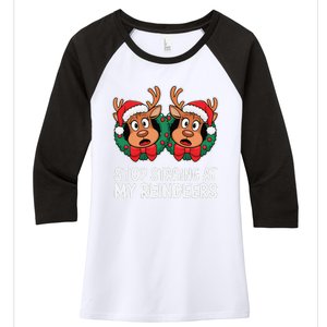 Funny Stop Staring At My Reindeers Boobs Ugly Gag Xmas Women's Tri-Blend 3/4-Sleeve Raglan Shirt