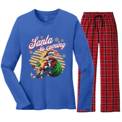 Funny Skateboard Santa Claus Is Coming Merry Christmas Great Gift Women's Long Sleeve Flannel Pajama Set 