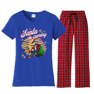 Funny Skateboard Santa Claus Is Coming Merry Christmas Great Gift Women's Flannel Pajama Set