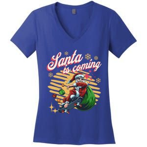 Funny Skateboard Santa Claus Is Coming Merry Christmas Great Gift Women's V-Neck T-Shirt