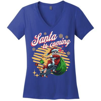 Funny Skateboard Santa Claus Is Coming Merry Christmas Great Gift Women's V-Neck T-Shirt