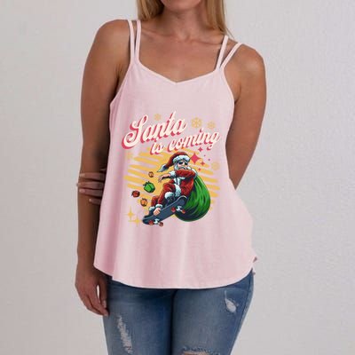 Funny Skateboard Santa Claus Is Coming Merry Christmas Great Gift Women's Strappy Tank