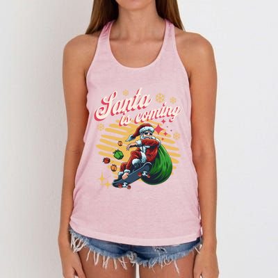 Funny Skateboard Santa Claus Is Coming Merry Christmas Great Gift Women's Knotted Racerback Tank