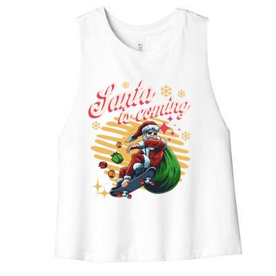 Funny Skateboard Santa Claus Is Coming Merry Christmas Great Gift Women's Racerback Cropped Tank