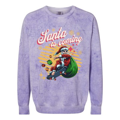 Funny Skateboard Santa Claus Is Coming Merry Christmas Gift Colorblast Crewneck Sweatshirt