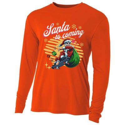 Funny Skateboard Santa Claus Is Coming Merry Christmas Gift Cooling Performance Long Sleeve Crew