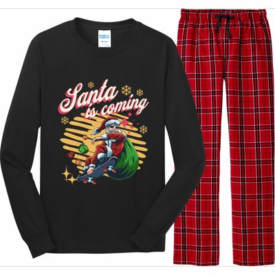 Funny Skateboard Santa Claus Is Coming Merry Christmas Gift Long Sleeve Pajama Set