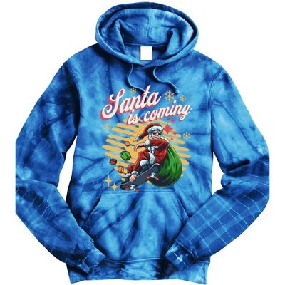 Funny Skateboard Santa Claus Is Coming Merry Christmas Gift Tie Dye Hoodie