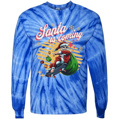 Funny Skateboard Santa Claus Is Coming Merry Christmas Gift Tie-Dye Long Sleeve Shirt