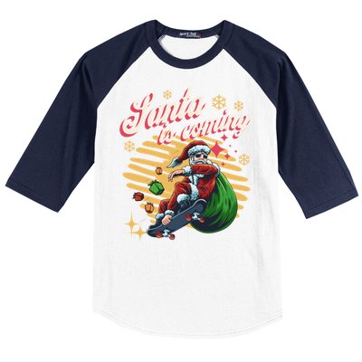 Funny Skateboard Santa Claus Is Coming Merry Christmas Gift Baseball Sleeve Shirt