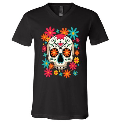 Floral Sugar Skull Dia De Muertos Day of The Dead Hippie V-Neck T-Shirt