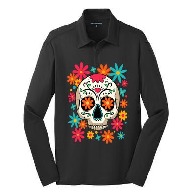 Floral Sugar Skull Dia De Muertos Day of The Dead Hippie Silk Touch Performance Long Sleeve Polo