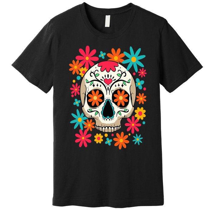 Floral Sugar Skull Dia De Muertos Day of The Dead Hippie Premium T-Shirt