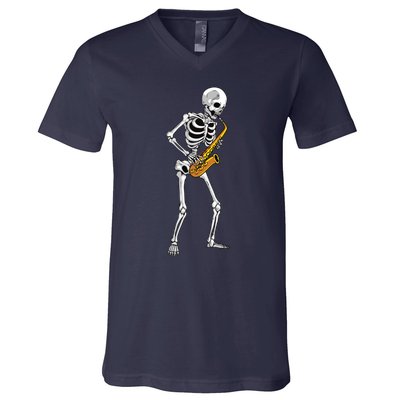 Funny Saxophone Skeleton For Men Women Saxophone Player Sax V-Neck T-Shirt