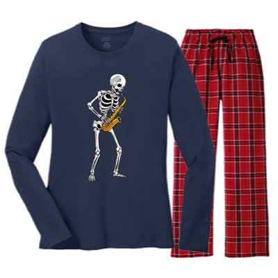 Funny Saxophone Skeleton For Men Women Saxophone Player Sax Women's Long Sleeve Flannel Pajama Set 