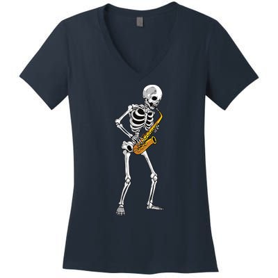 Funny Saxophone Skeleton For Men Women Saxophone Player Sax Women's V-Neck T-Shirt