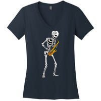 Funny Saxophone Skeleton For Men Women Saxophone Player Sax Women's V-Neck T-Shirt
