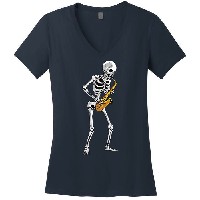 Funny Saxophone Skeleton For Men Women Saxophone Player Sax Women's V-Neck T-Shirt