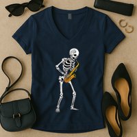 Funny Saxophone Skeleton For Men Women Saxophone Player Sax Women's V-Neck T-Shirt