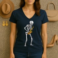 Funny Saxophone Skeleton For Men Women Saxophone Player Sax Women's V-Neck T-Shirt