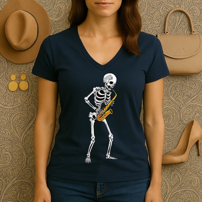 Funny Saxophone Skeleton For Men Women Saxophone Player Sax Women's V-Neck T-Shirt