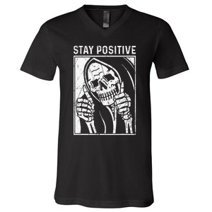 Funny Skull Stay Positive Skeleton Halloween Motivational V-Neck T-Shirt