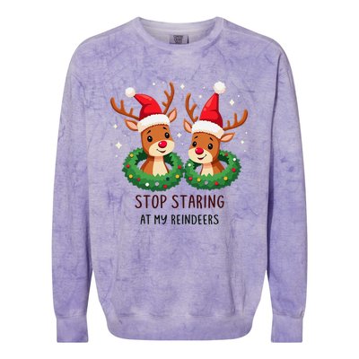 Funny Stop Staring At My Reindeers Boobs Ugly Gag Xmas Colorblast Crewneck Sweatshirt