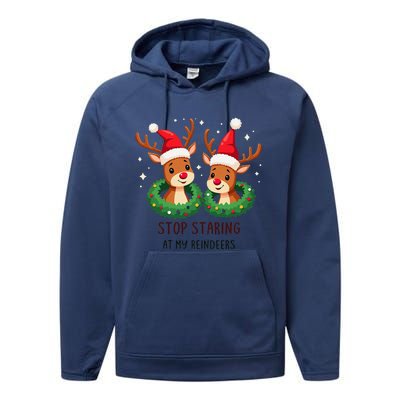 Funny Stop Staring At My Reindeers Boobs Ugly Gag Xmas Performance Fleece Hoodie