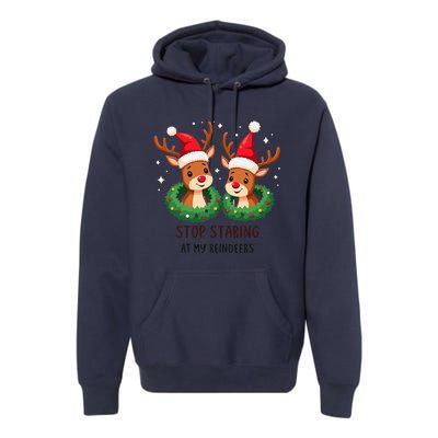 Funny Stop Staring At My Reindeers Boobs Ugly Gag Xmas Premium Hoodie