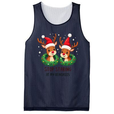 Funny Stop Staring At My Reindeers Boobs Ugly Gag Xmas Mesh Reversible Basketball Jersey Tank