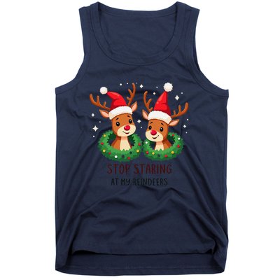 Funny Stop Staring At My Reindeers Boobs Ugly Gag Xmas Tank Top