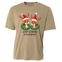 Funny Stop Staring At My Reindeers Boobs Ugly Gag Xmas Cooling Performance Crew T-Shirt