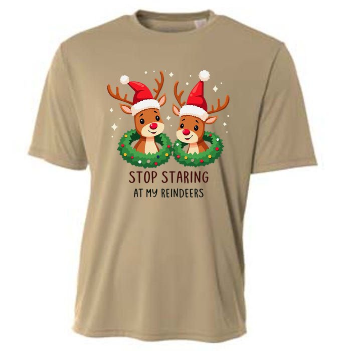 Funny Stop Staring At My Reindeers Boobs Ugly Gag Xmas Cooling Performance Crew T-Shirt