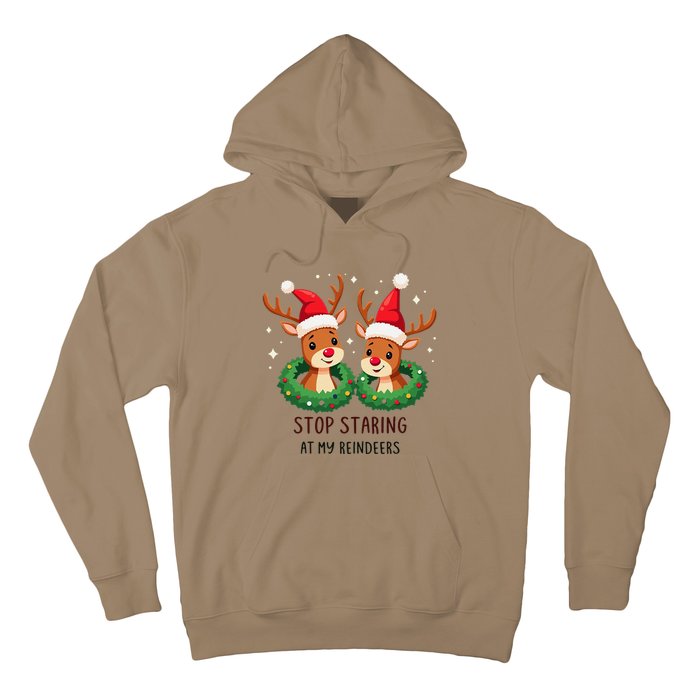 Funny Stop Staring At My Reindeers Boobs Ugly Gag Xmas Hoodie