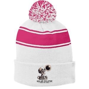 Funny Skeleton Solar Eclipse April 8th 2024 Stripe Pom Pom Beanie