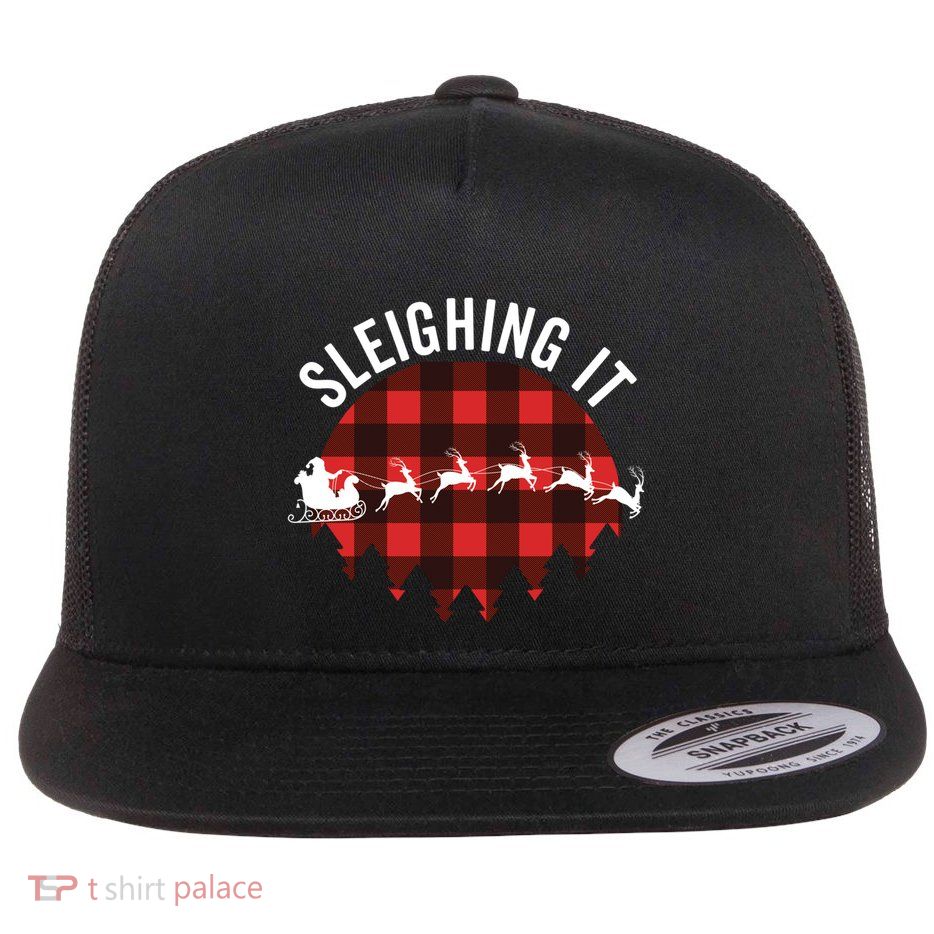 Funny Santa Sleigh Christmas Quote Sleighing It Pun Saying Funny Gift Flat Bill Trucker Hat