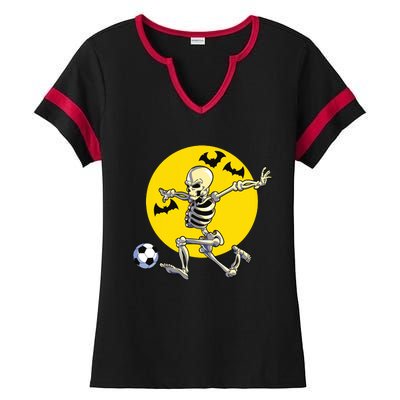 Funny Soccer Skeleton Moon Bat Halloween Costume Ladies Halftime Notch Neck Tee