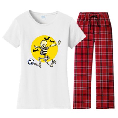 Funny Soccer Skeleton Moon Bat Halloween Costume Women's Flannel Pajama Set