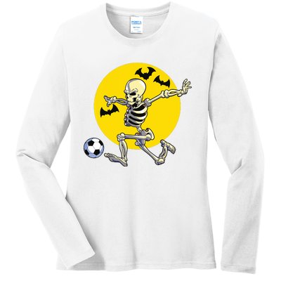 Funny Soccer Skeleton Moon Bat Halloween Costume Ladies Long Sleeve Shirt