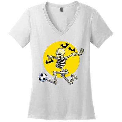 Funny Soccer Skeleton Moon Bat Halloween Costume Women's V-Neck T-Shirt