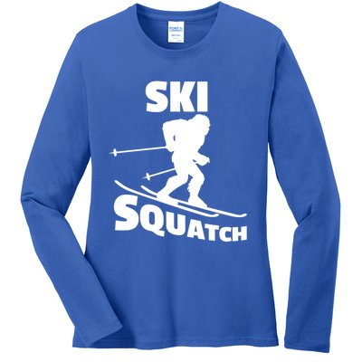 Funny Ski Squatch Downhill Skier Skiing Bigfoot Sasquatch Gift Ladies Long Sleeve Shirt