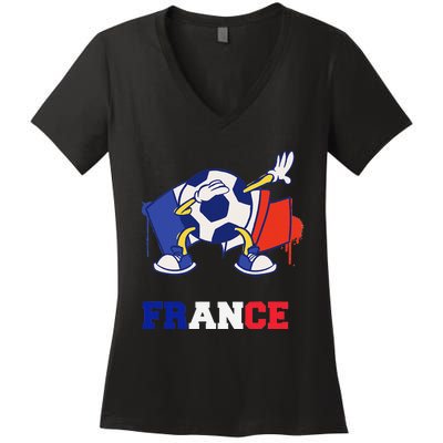 France Soccer Shirt Dabbing Soccer Ball French Flag Women's V-Neck T-Shirt