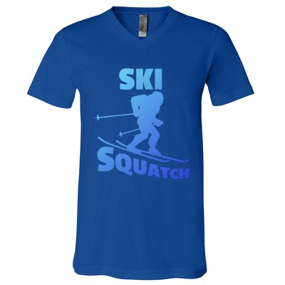 Funny Ski Squatch Downhill Skier Skiing Bigfoot Sasquatch Funny Gift V-Neck T-Shirt