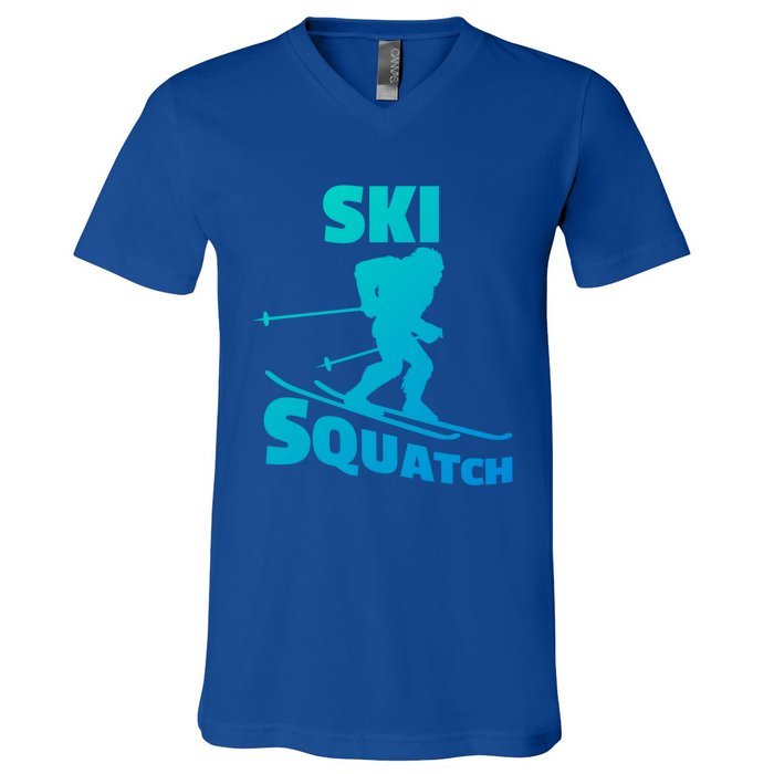 Funny Ski Squatch Downhill Skier Skiing Bigfoot Sasquatch Funny Gift V-Neck T-Shirt