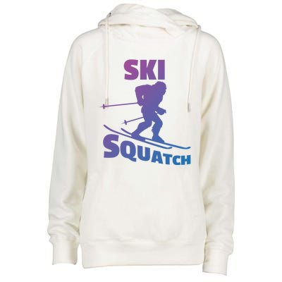 Funny Ski Squatch Downhill Skier Skiing Bigfoot Sasquatch Funny Gift Womens Funnel Neck Pullover Hood