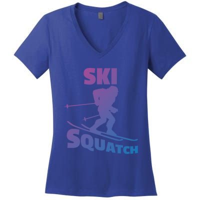 Funny Ski Squatch Downhill Skier Skiing Bigfoot Sasquatch Funny Gift Women's V-Neck T-Shirt